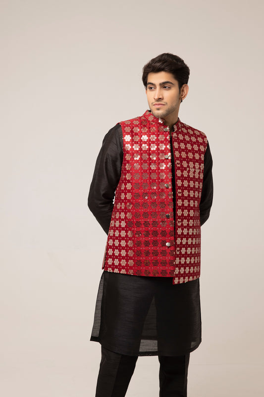 RED EMBROIDERED RAW SILK WAISTCOAT