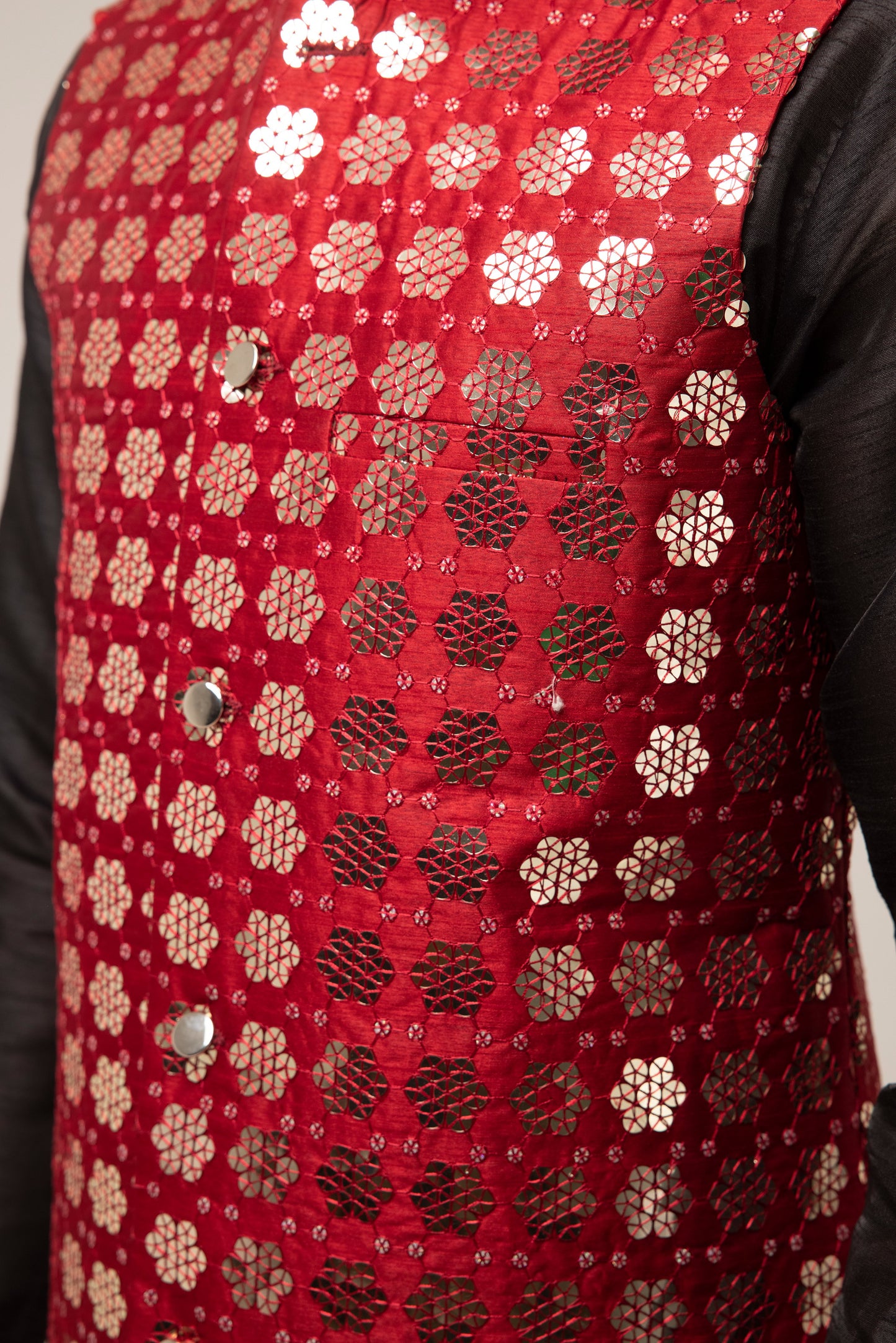 RED EMBROIDERED RAW SILK WAISTCOAT