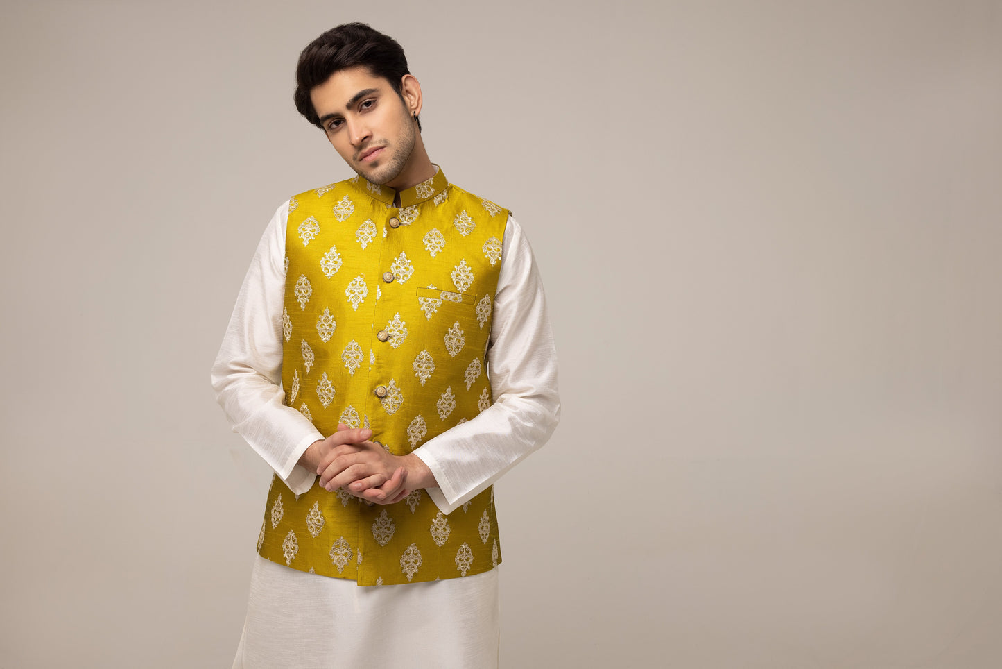 MEHNDI RAW SILK EMBROIDERED WAISTCOAT