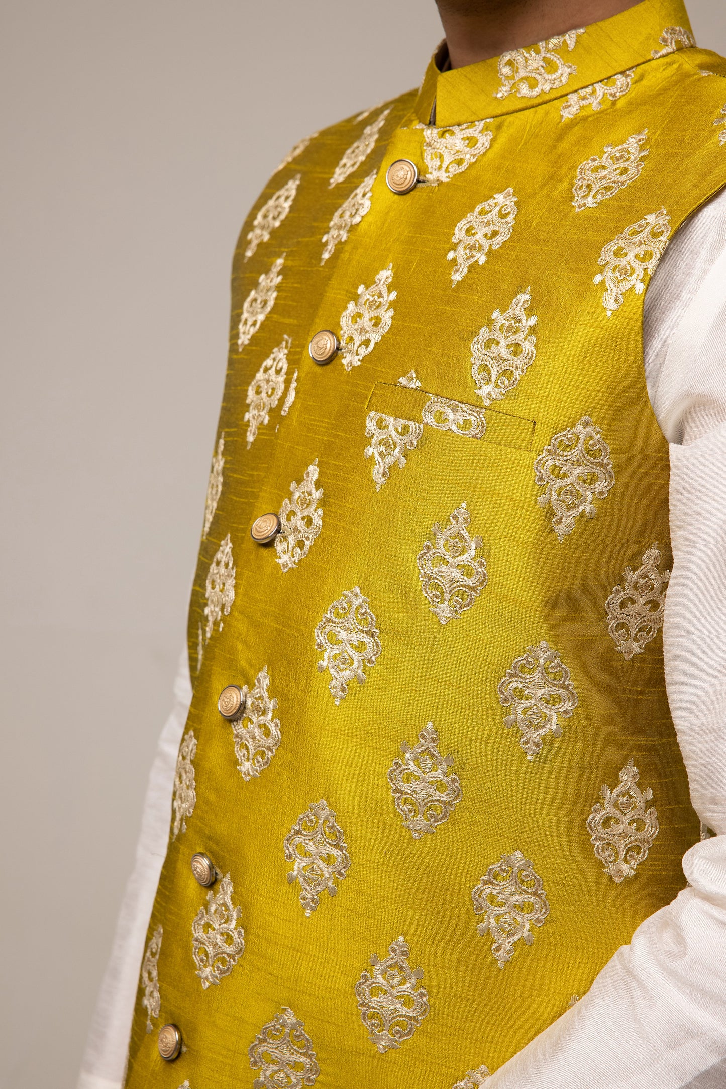 MEHNDI RAW SILK EMBROIDERED WAISTCOAT