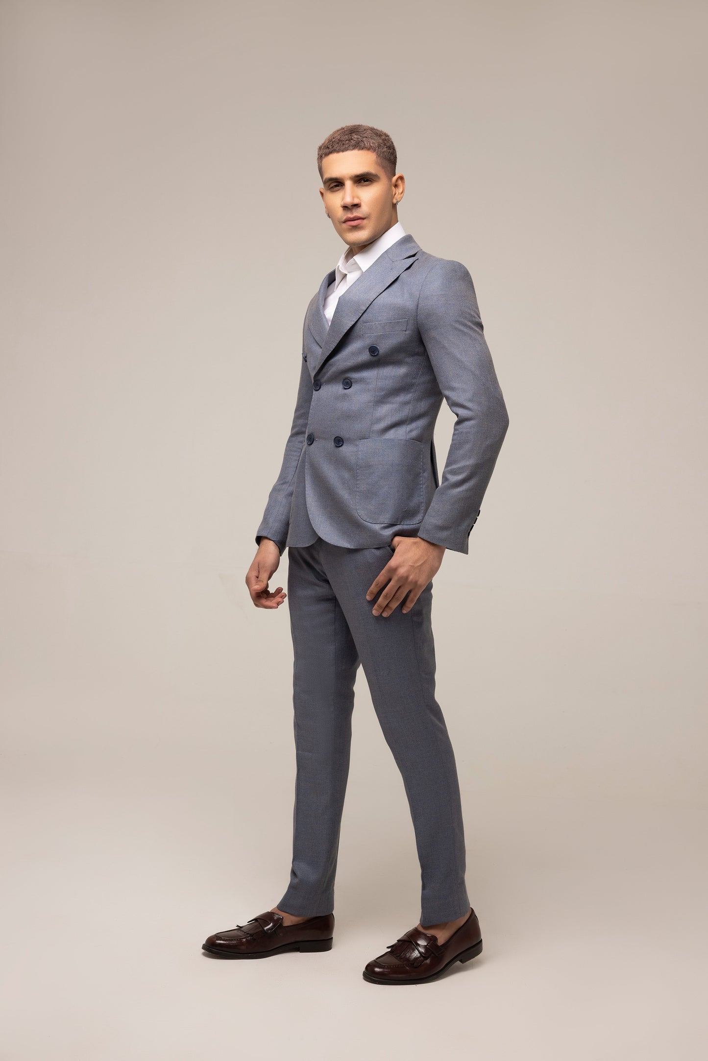 BLUE SLIM FIT DOUBLE BREASTED PINSTRIPE SUIT